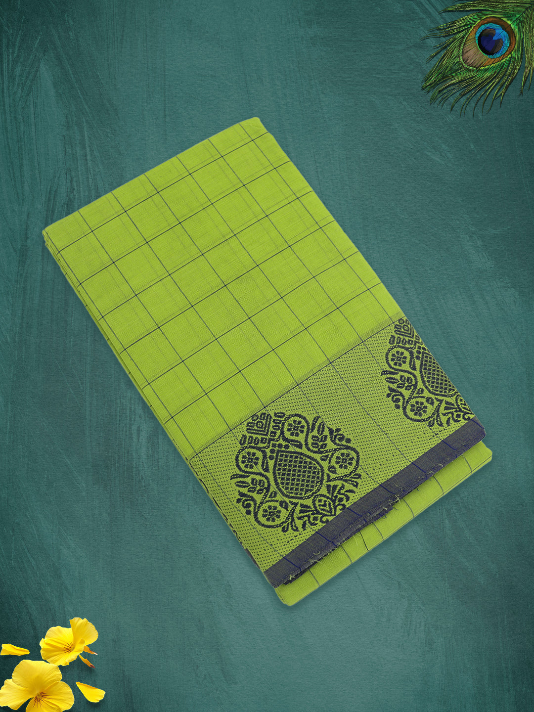 Women Parrot Green Checks Pure Chettinad Cotton Saree PCS222