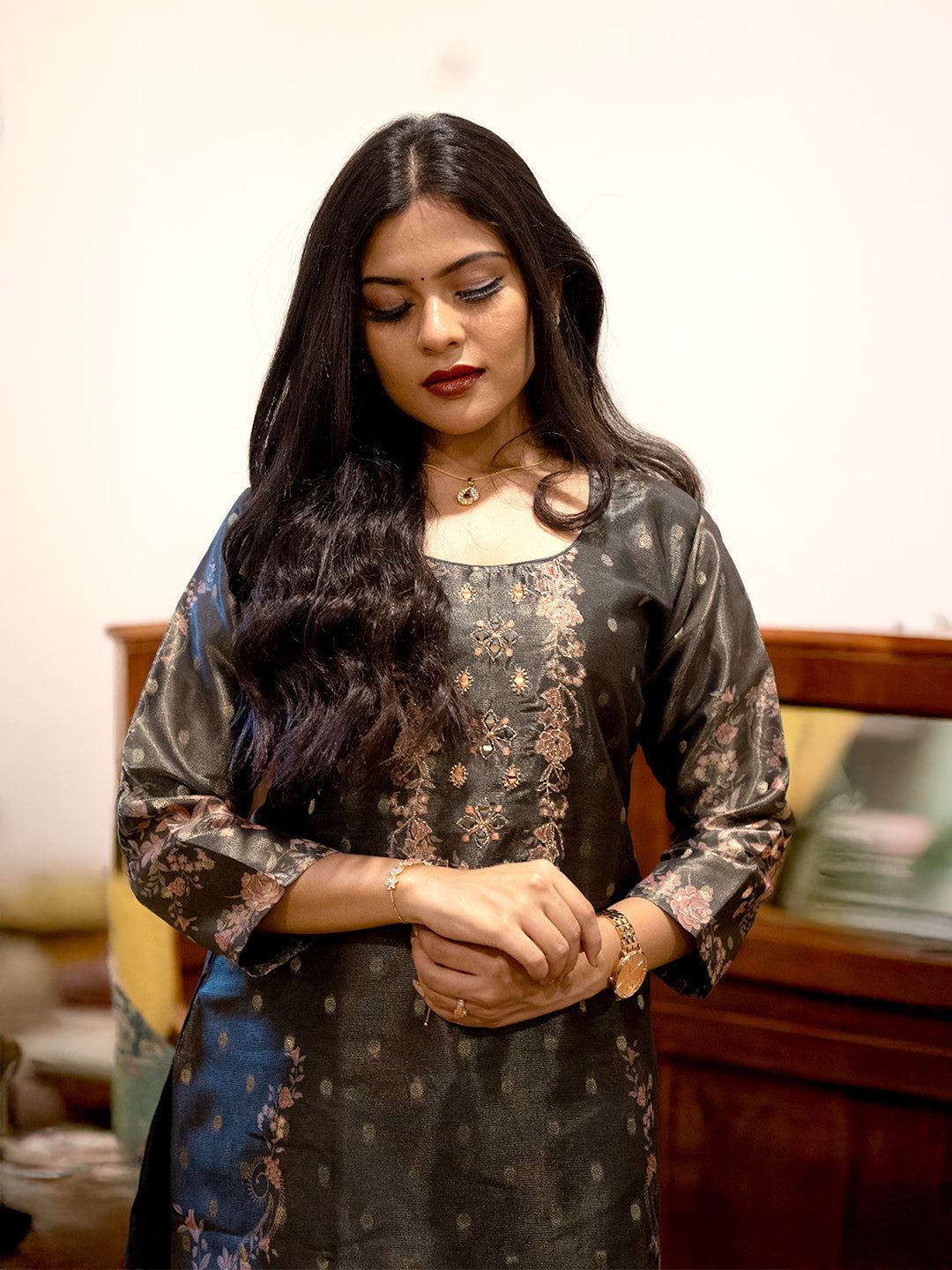 Women Dark Green MM Silk Printed Kurti Set EKS117