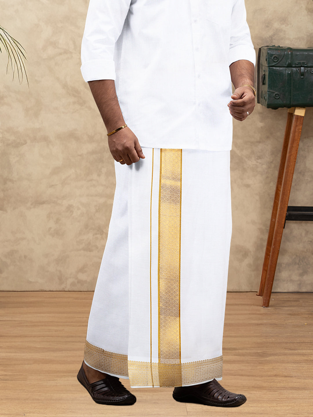 Men 100% Cotton Single Layer White Dhoti with Gold Jari Border Aura 367