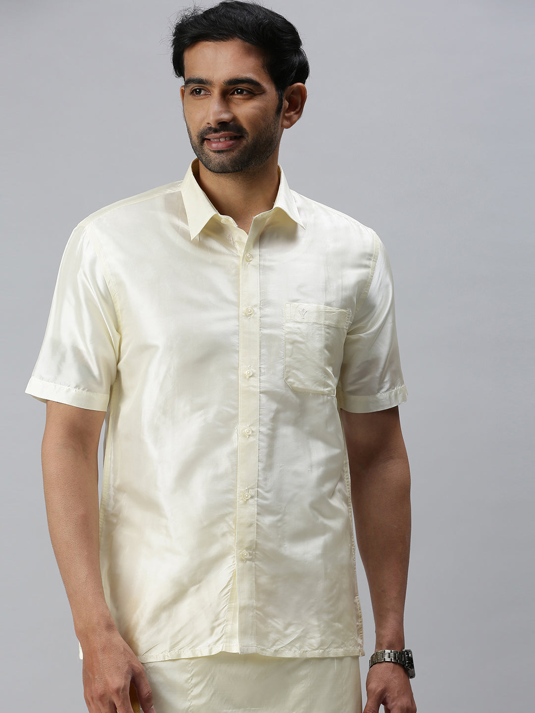 Mens Silk Feel Cream Shirt Half Sleeves with Readymade Dhoti Combo-Front view