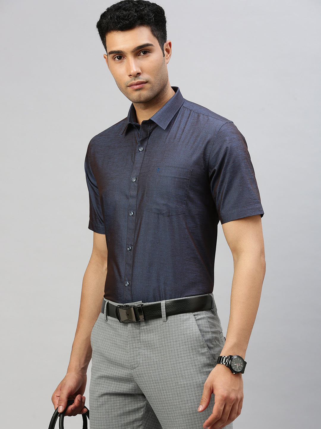Men Cotton Blend Shirt Navy T46 TV4
