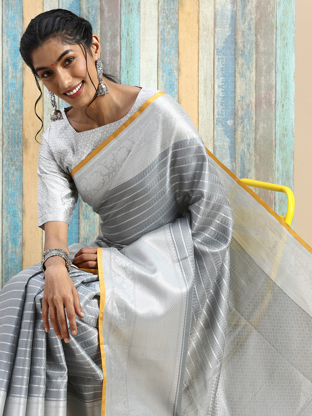 Semi Kora Cotton Allover Design Saree Grey with Zari Border SKC01