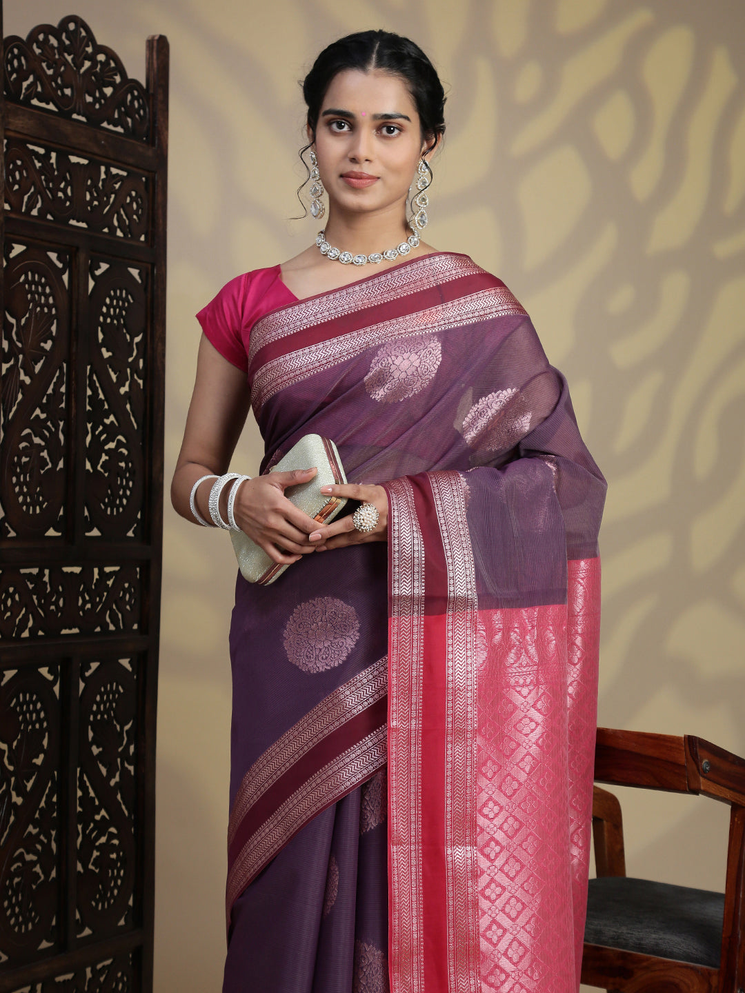 Women Purple Kora Cotton Fancy Saree SK108
