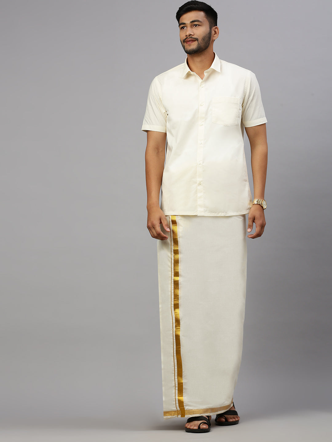 Men Cotton Blend Double Layer Cream Dhoti with 1" Gold Jari Border Golden Mark
