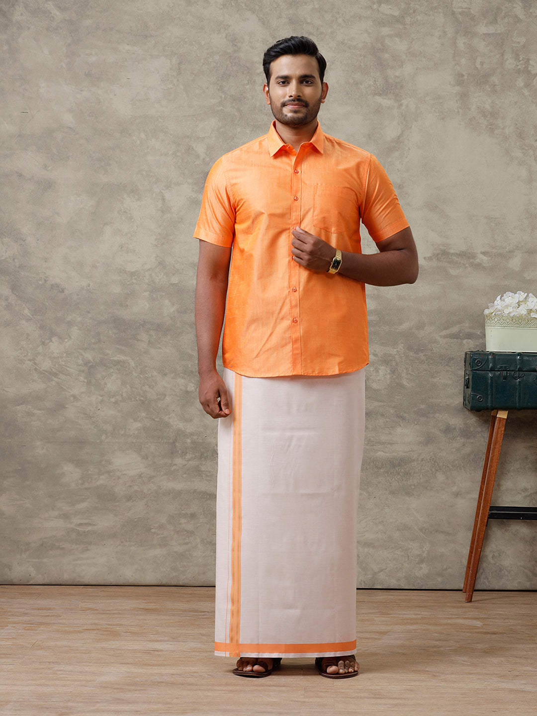 Men Cotton Blend Orange Shirt and Tissue Dhoti Set VB4