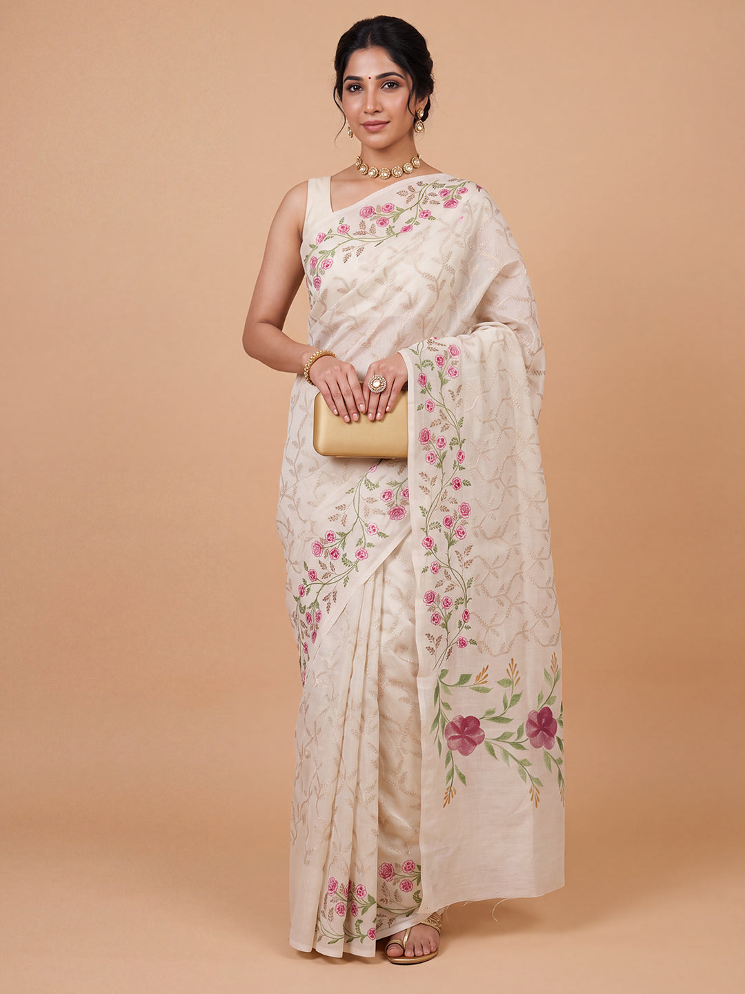 Women Spun Poly Off White Fancy Printed Saree FS01
