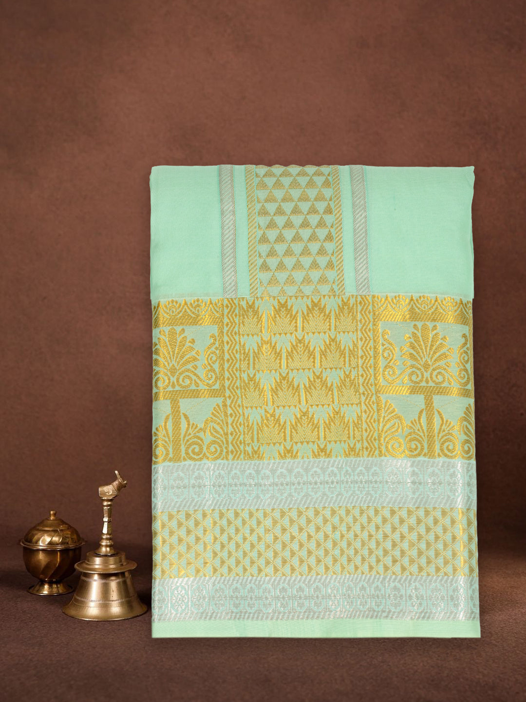 Men Pure Silk Green Dhoti & Towel Set with 4" inch Fancy Jari Border TKC11