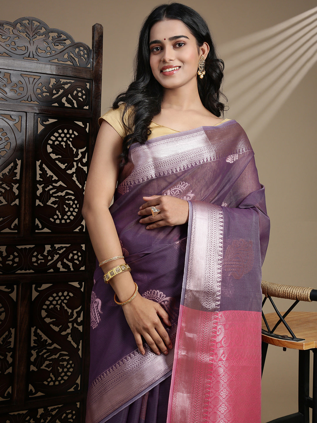 Women Light Purple Kora Cotton Fancy Saree SK110
