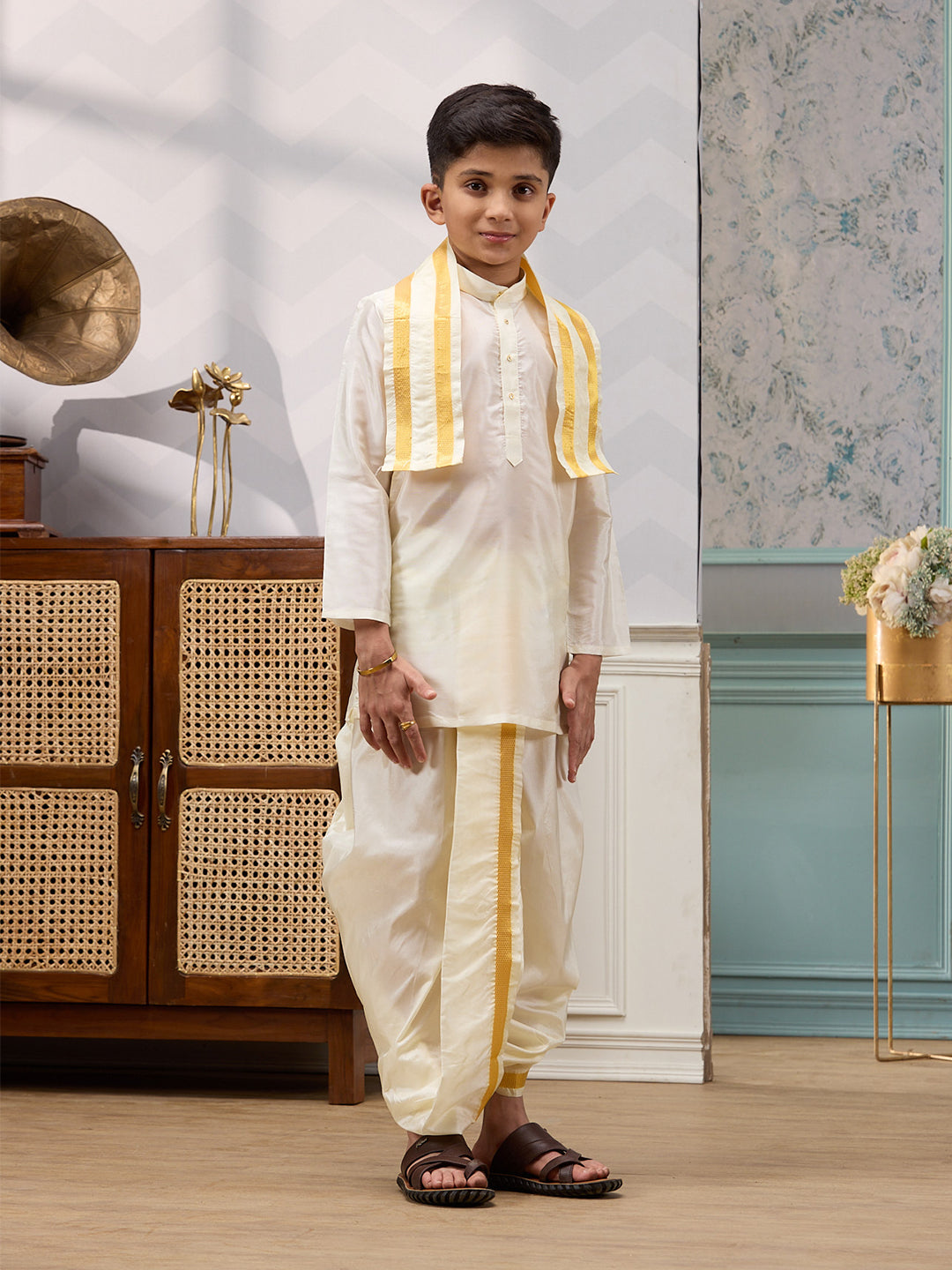 Boys Art Silk Cream Kurta Panchakacham & Towel Set