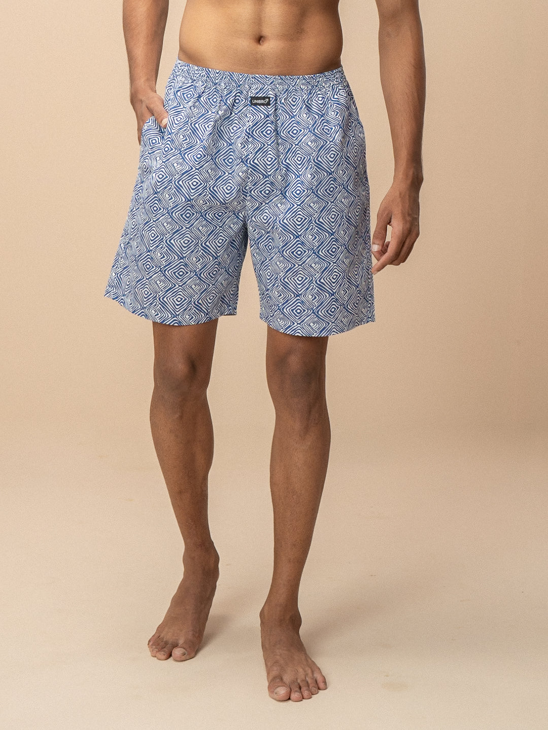 Men 100% Combed Cotton Blue Woven Printed Boxer Long Shorts WB51