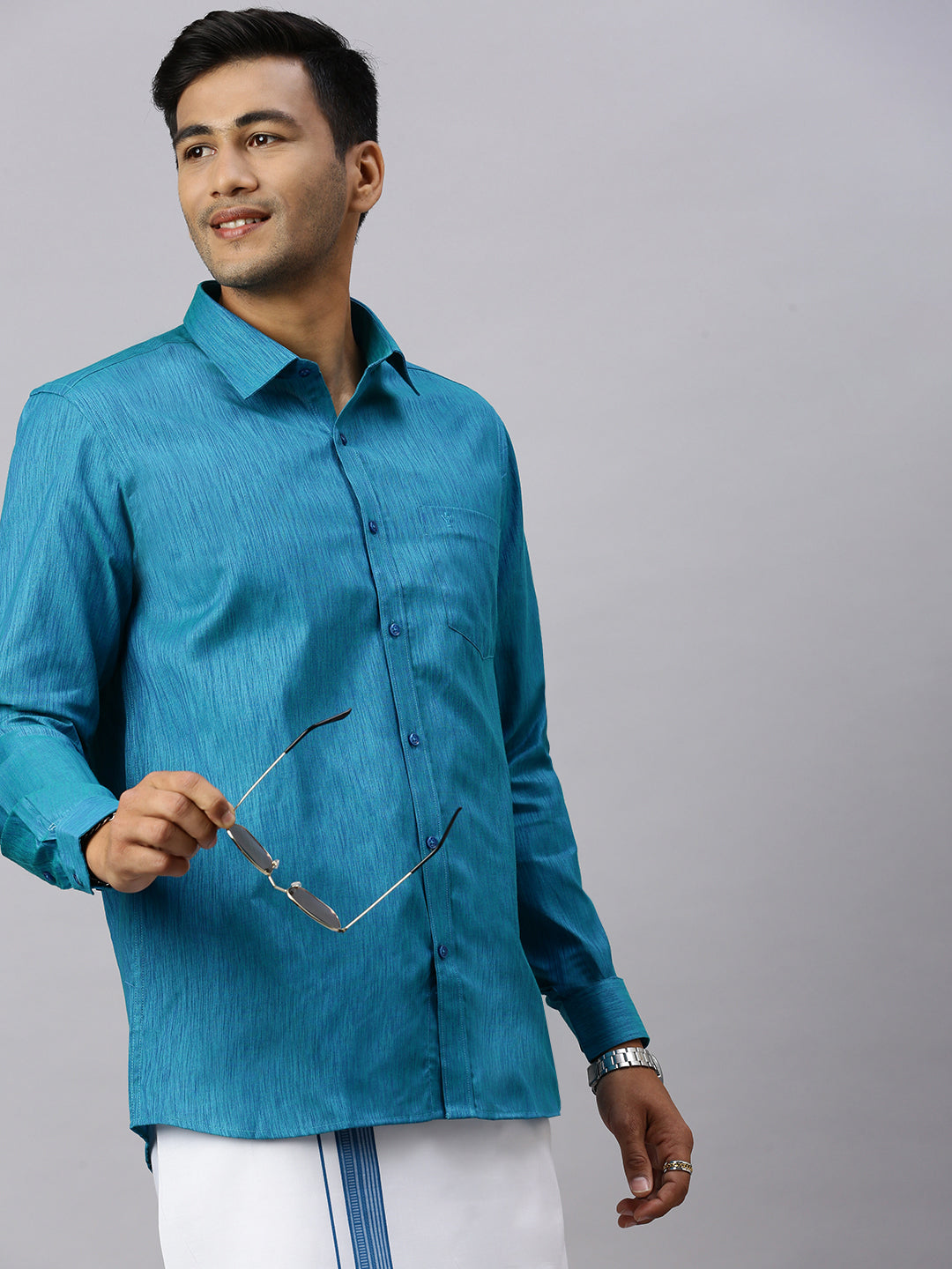 Men Peacock Blue Matching Border Dhoti & Full Sleeves Shirt Set CV6