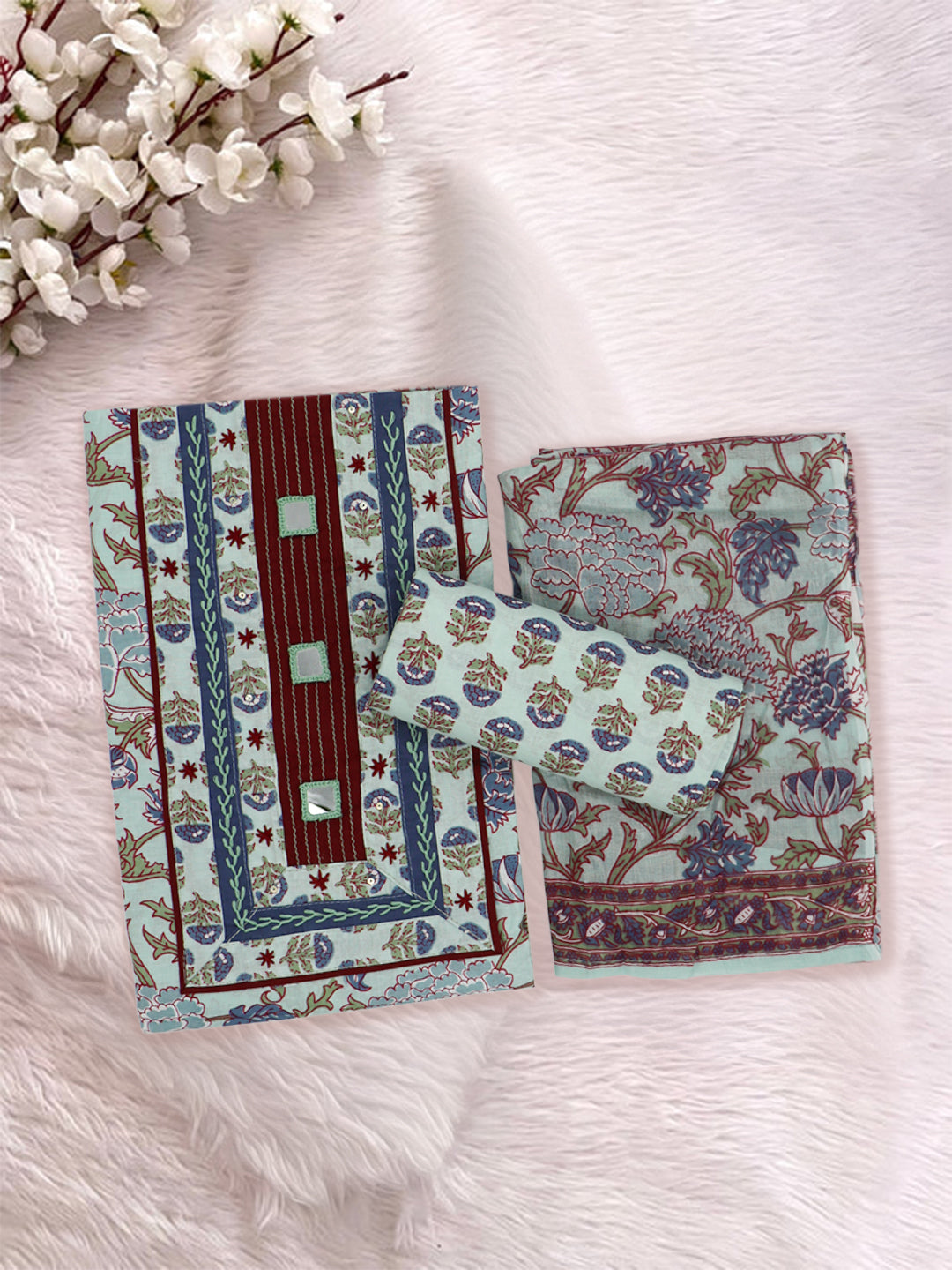 Women Pure Cotton Printed Dress Material Light Blue DM354