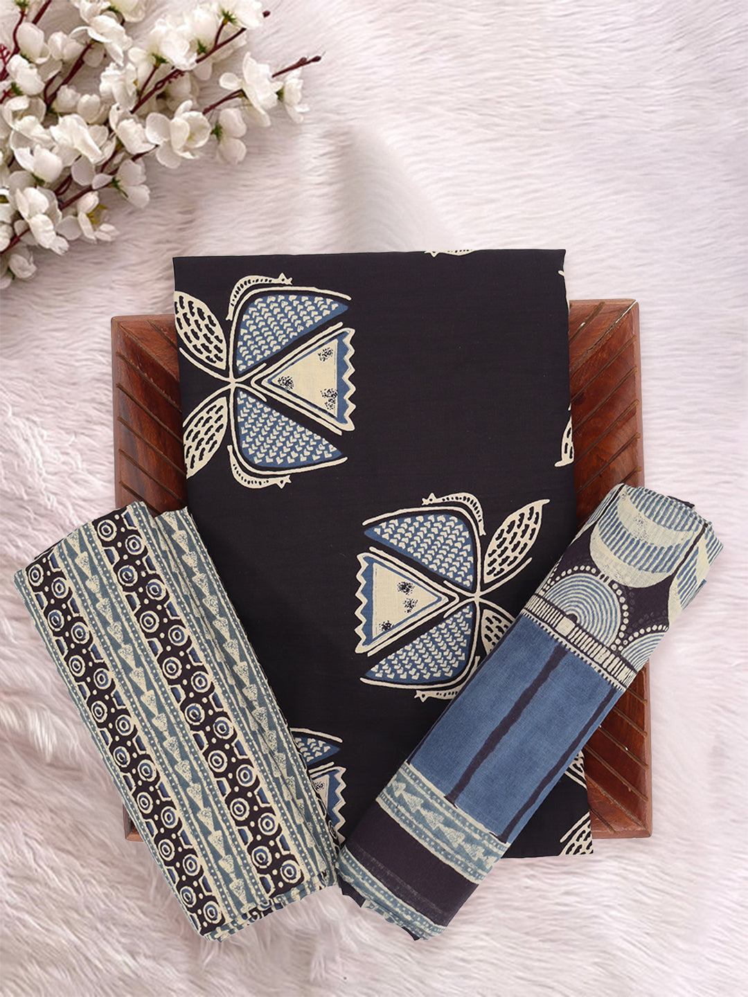 Women Pure Cotton Printed Dress Material Blue with Black DM349