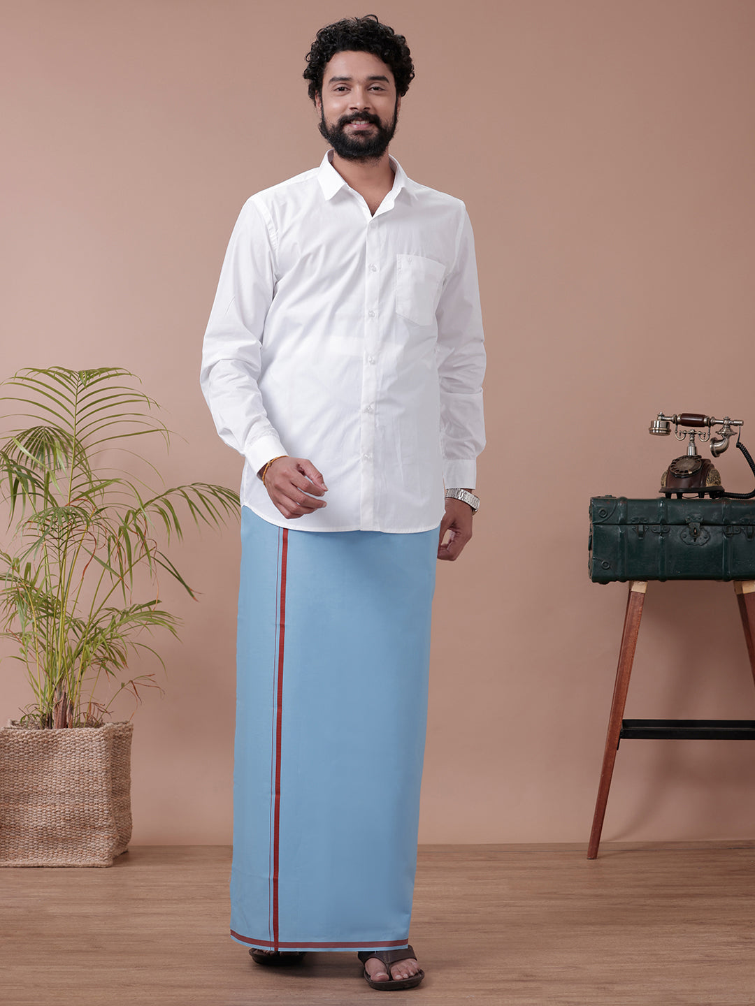 Men Cotton Blend Single Layer Blue Dhoti with Assorted Border Rishi BB4