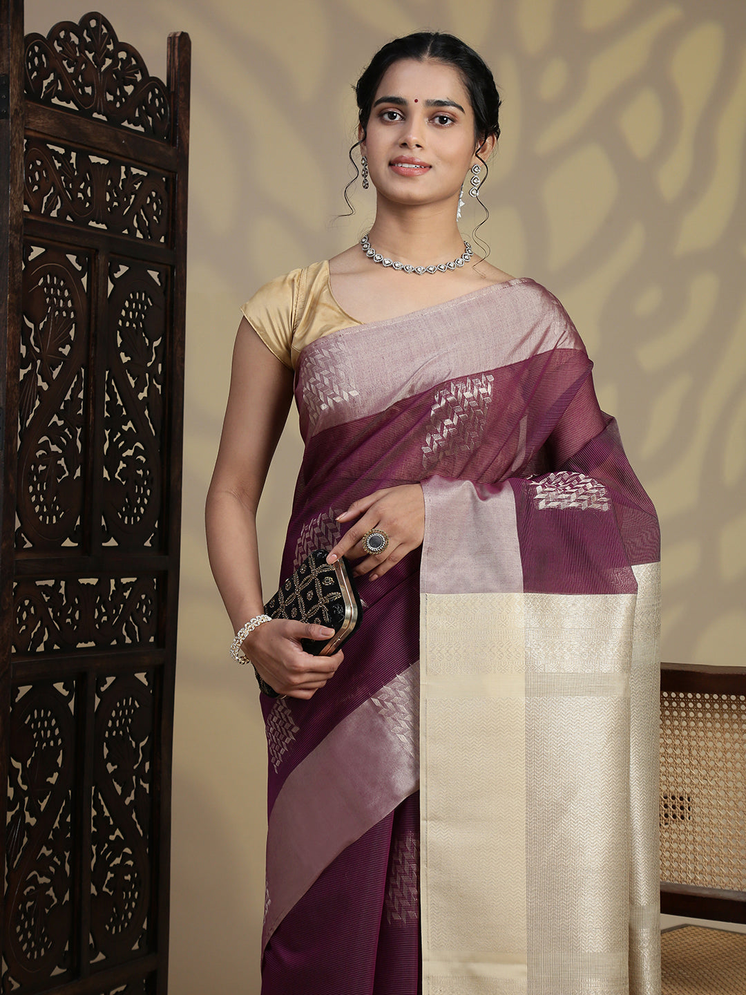 Women Magenta Kora Cotton Saree SK112