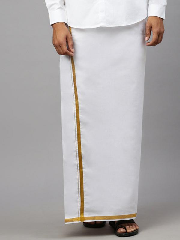 Men 100% Cotton Single Layer White Dhoti with 3/4" Gold Jari Border Aaren