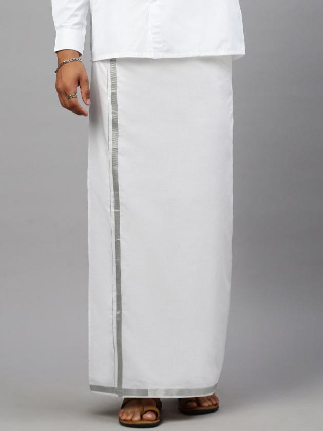 Men Cotton Blend Readymade Single Layer White Dhoti with Silver Jari Border Elegent