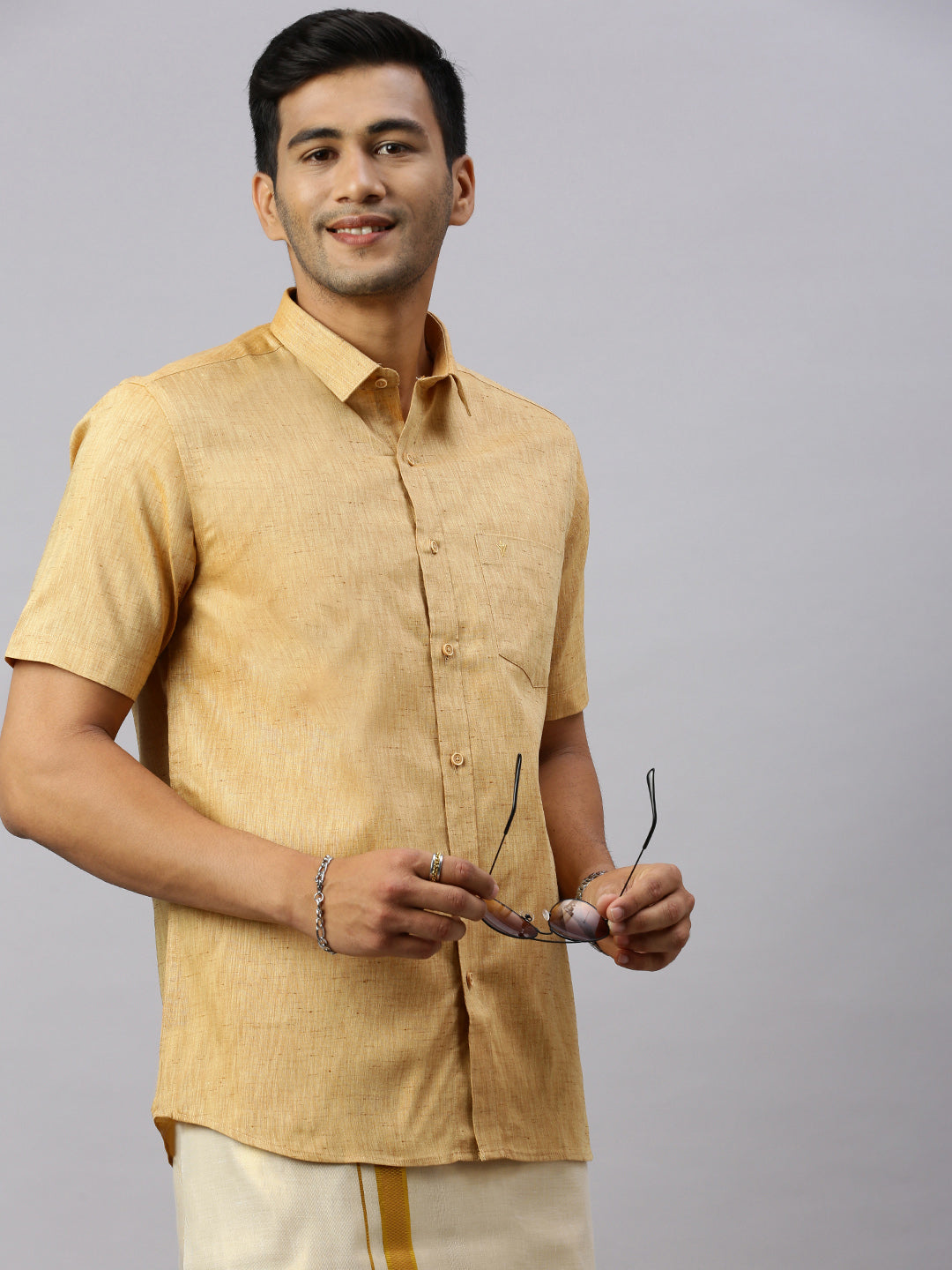 Men Cotton Rich Mustard Shirt and Tissue Dhoti Set C1