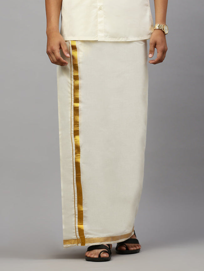 Men Kora Cotton Double Layer Cream Dhoti with 1"inch Gold Jari Border Mangal