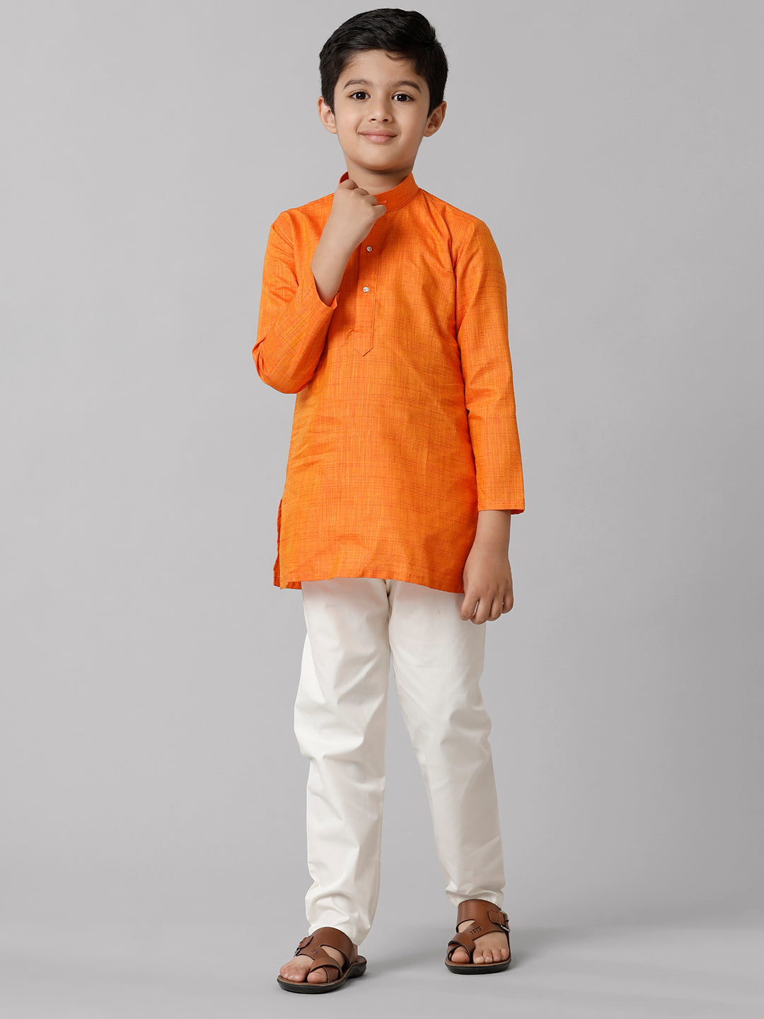 Boys Cotton Full Sleeves Orange Kurta with Cream Pyjama Pant Combo FS3