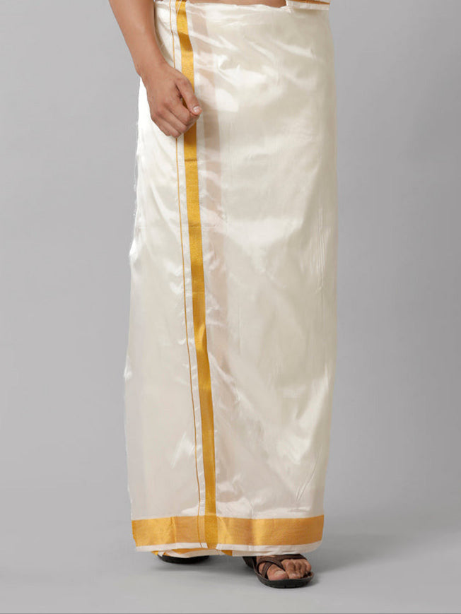 Mens Art Silk Double Dhoti Cream with Gold Jari Border 3/4 & Towel Set Kara Yoga