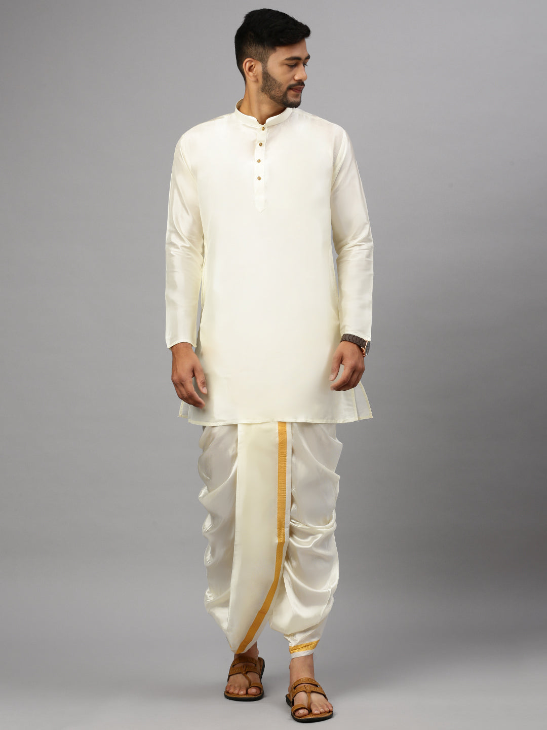 Men Silk Cotton Medium Length Plain Kurta Cream
