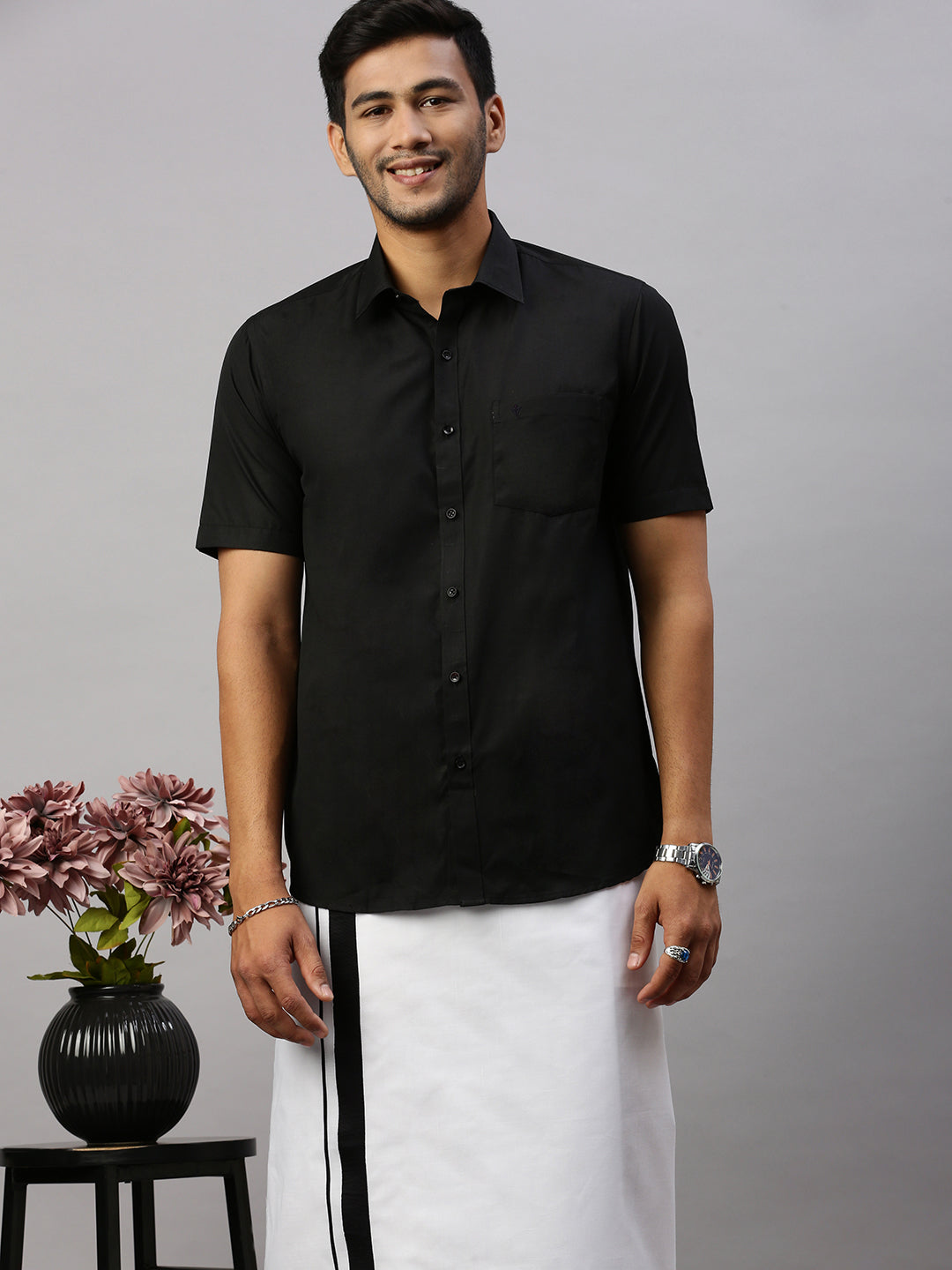 Mens Double Dhoti White with Fancy Border Anchor Special Black