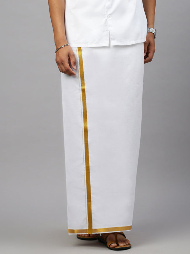 Men 100% Cotton Double Layer White Dhoti with 1"Gold Jari Border Good Will