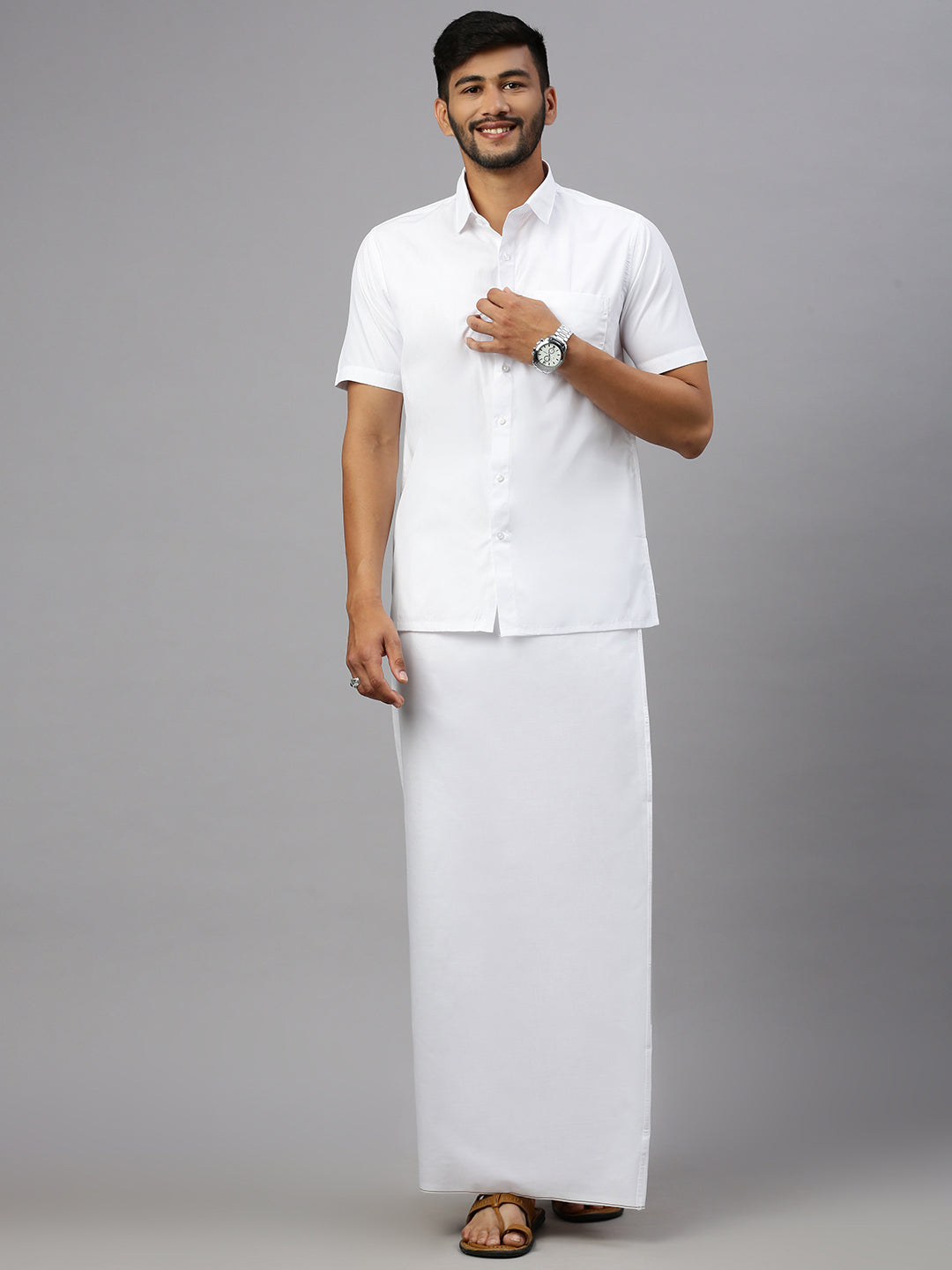 Men Cotton Blend Single Layer White Dhoti with Small Border Paramas (Pack of 3)