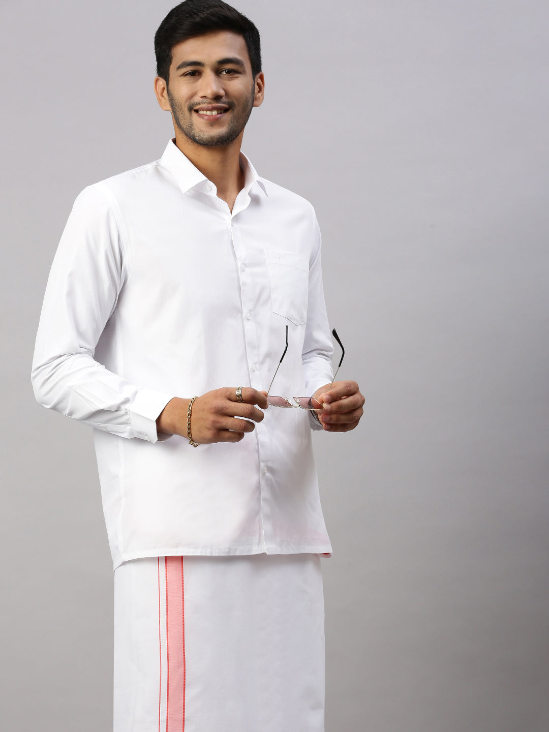 Men Cotton Blend Single Layer White Dhoti with Fancy Border WP09