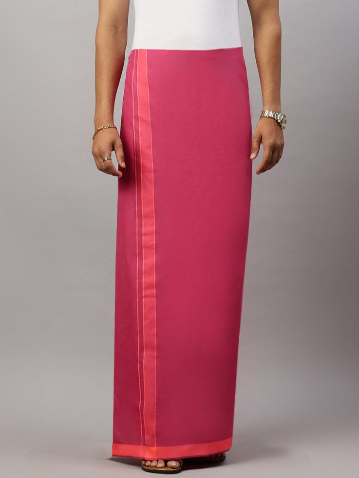 Men 100% Cotton Single Layer Magenta Dhoti with Assorted Border Ahimsa