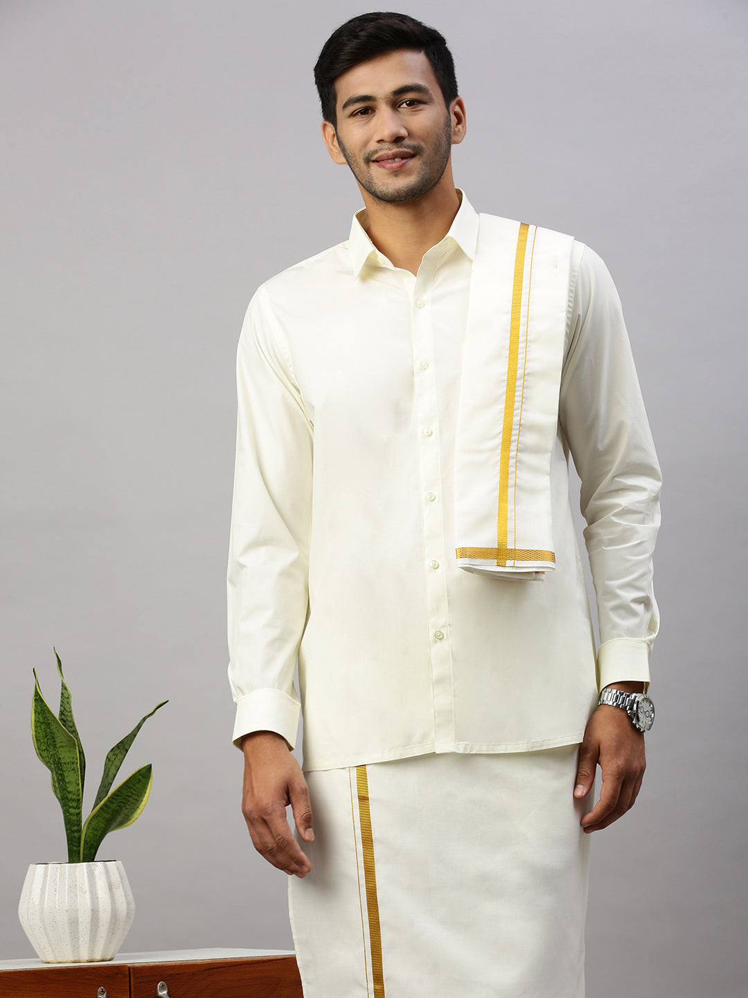 Men Cream Shirt with 3/4" inch Gold Jari Border Dhoti Towel & Belt Combo