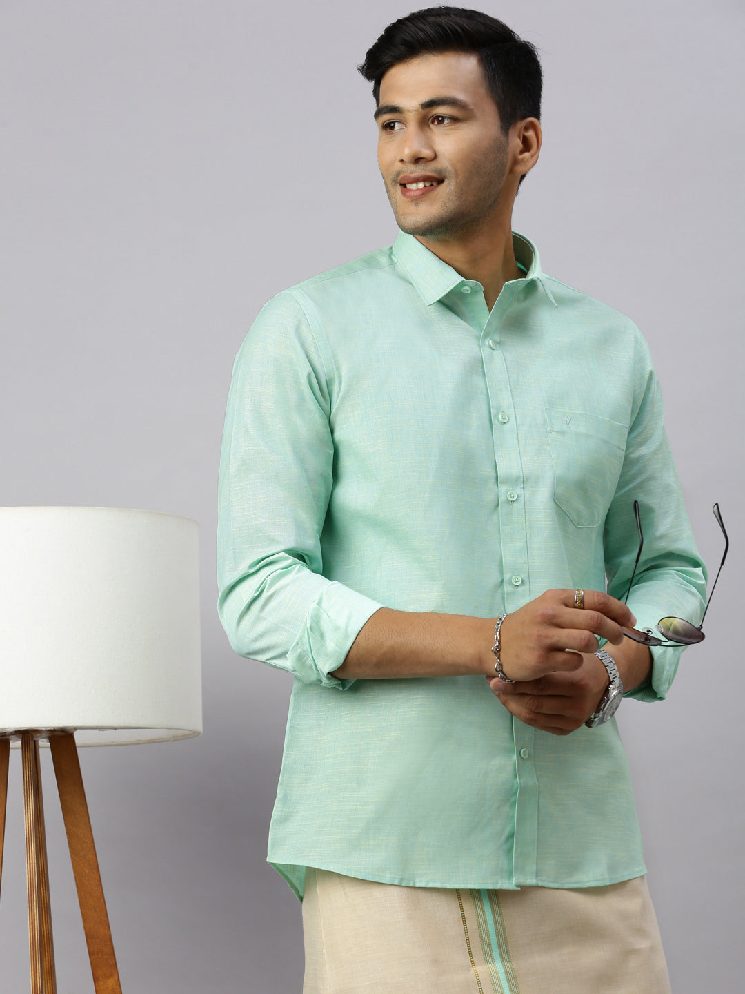 Men Cotton Rich Mint Green Shirt and Tissue Dhoti Set C83