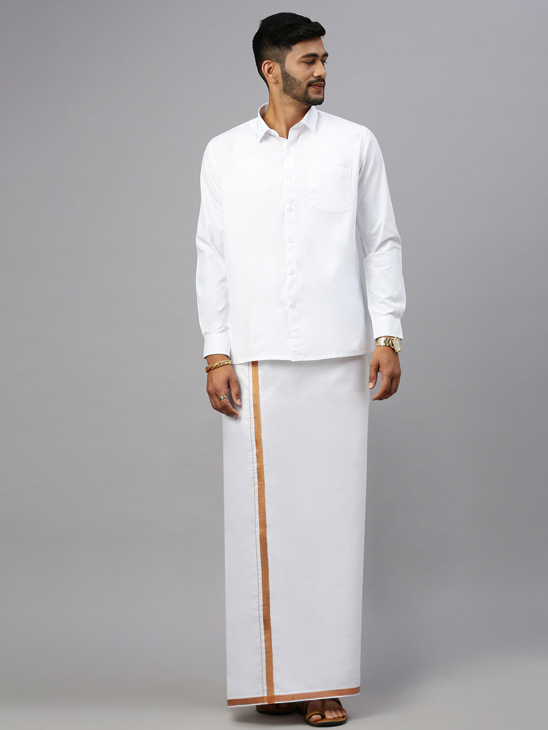 Men Cotton Blend Double Layer White Dhoti with 3/4" Copper Jari Border Mobility