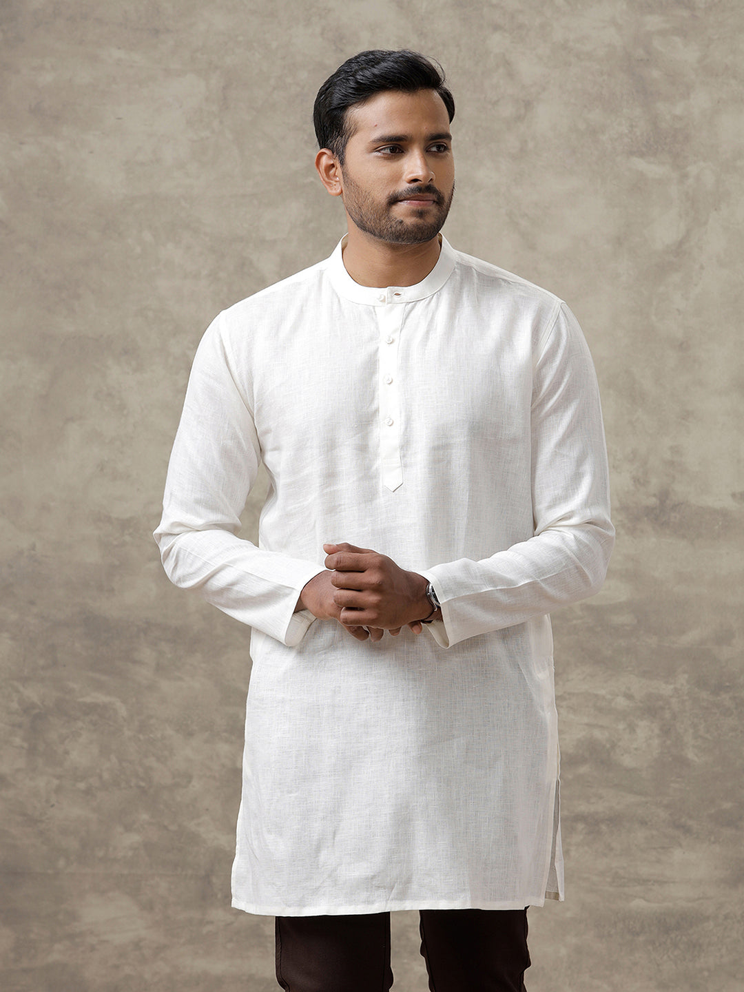 Men Linen Medium Length Kurta Cream KAL21