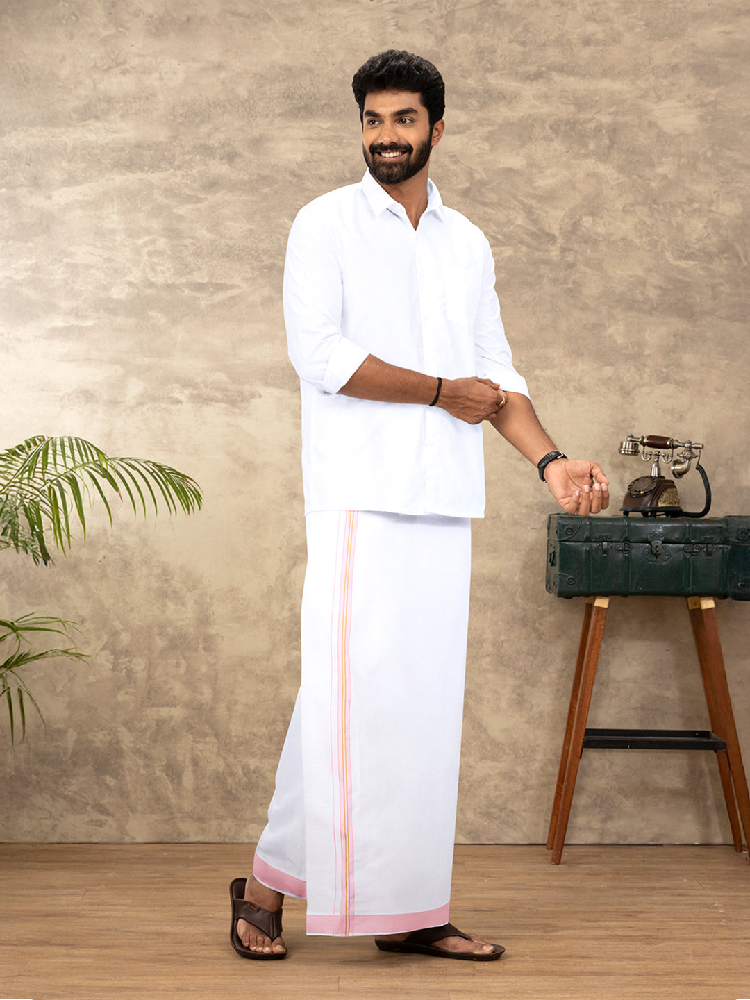 Men Cotton Blend Readymade Single Layer White Dhoti with Fancy Jari Border GACJ44