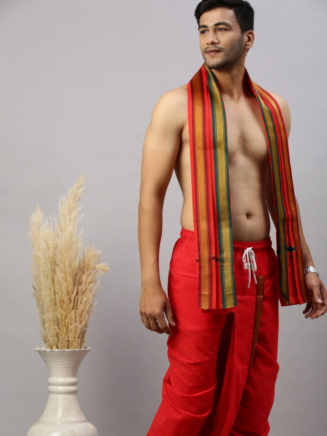 Men Readymade Panchakacham & Towel Set Red Naivedhya