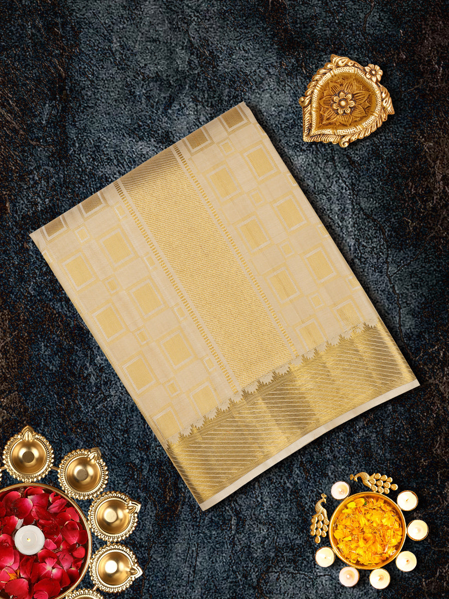 Mens Pure Silk Fawn 4 Gold Jari Border Dhoti with Towel Amirtham