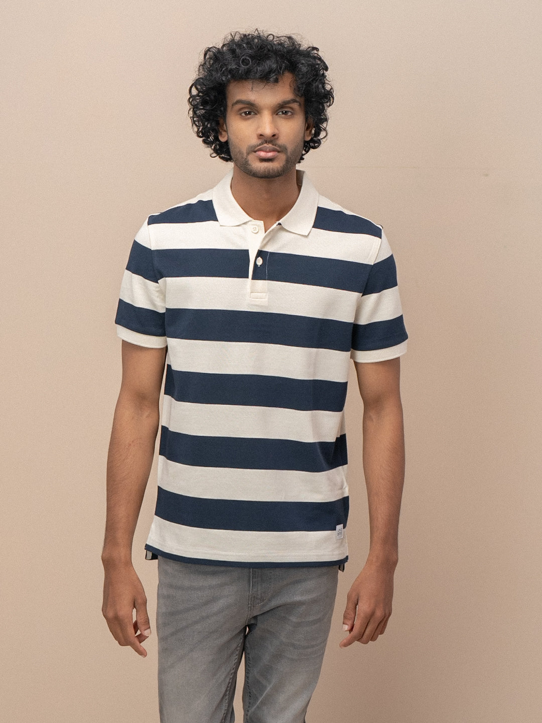 Men Smart Fit Engineered Polo T-Shirt OffWhite with Navy EN22