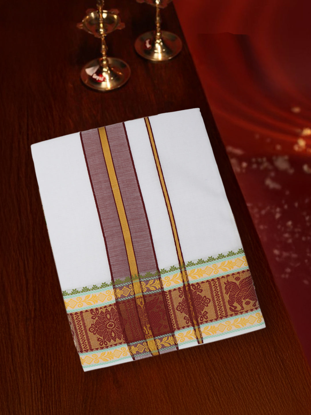 Men Cotton Brown Fancy Border Panchakacham with Angavasthram Vishvadeva (9+5) VD01