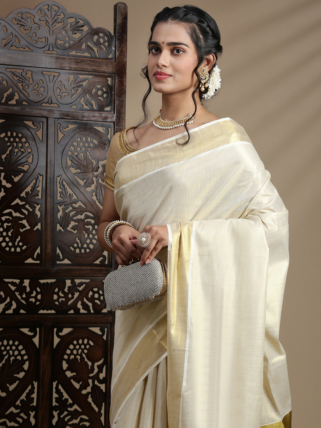 Women Kerala Tissue Gold Plain Saree KS219