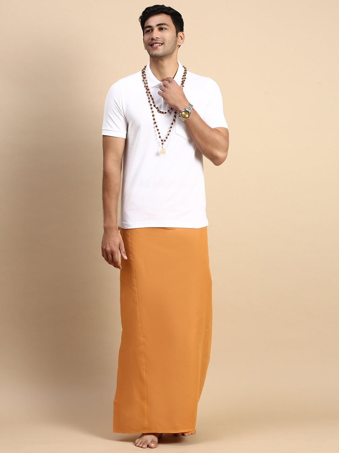 Men Devotional Small Border Dhoti & TShirt Set Kaavi EP1