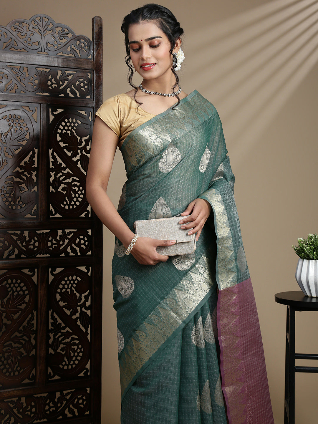 Women Semi Kora Cotton Dark Green Saree SK122