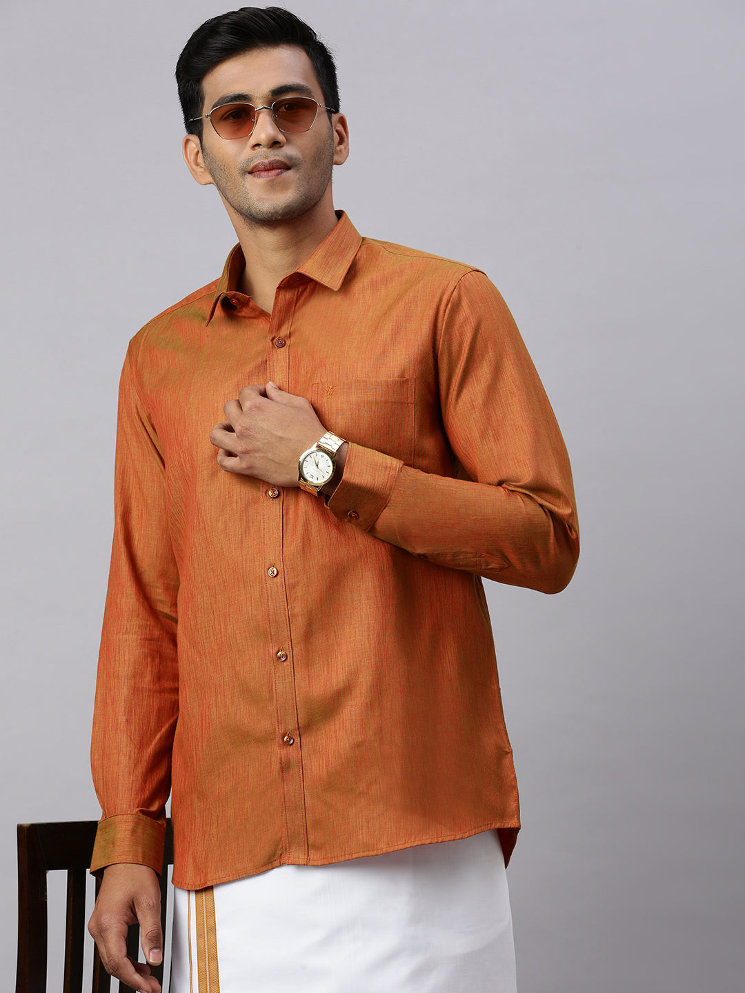 Mens Brown Matching Border Dhoti & Full Sleeves Shirt Set CV3