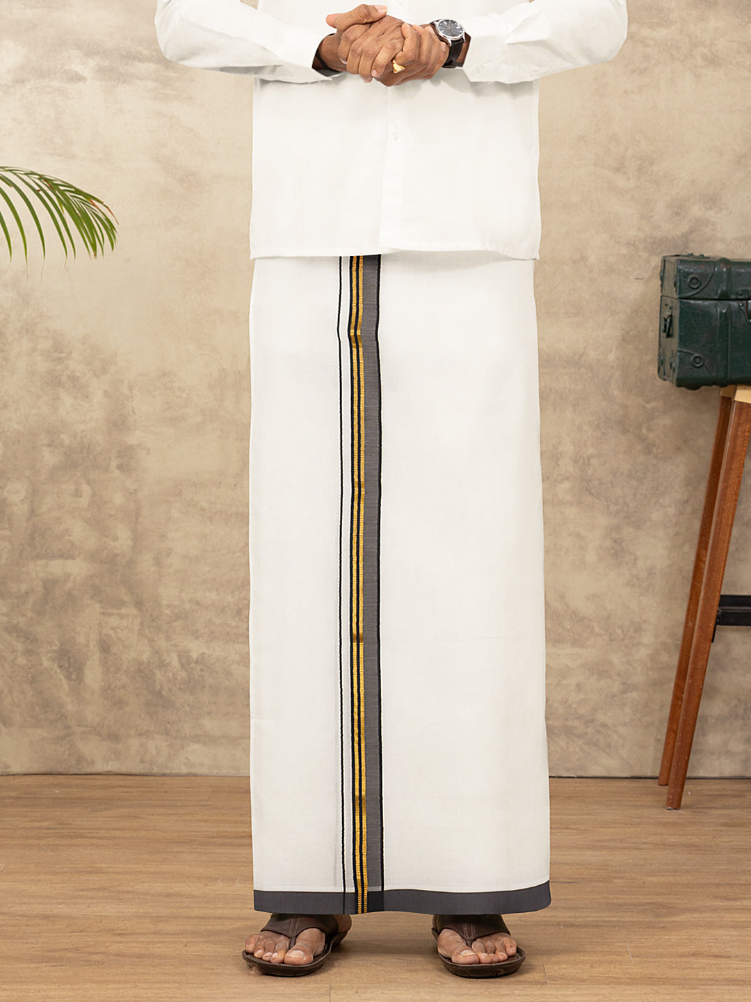 Men Kora Cotton Double Layer Dhoti with Black Fancy Jari Border