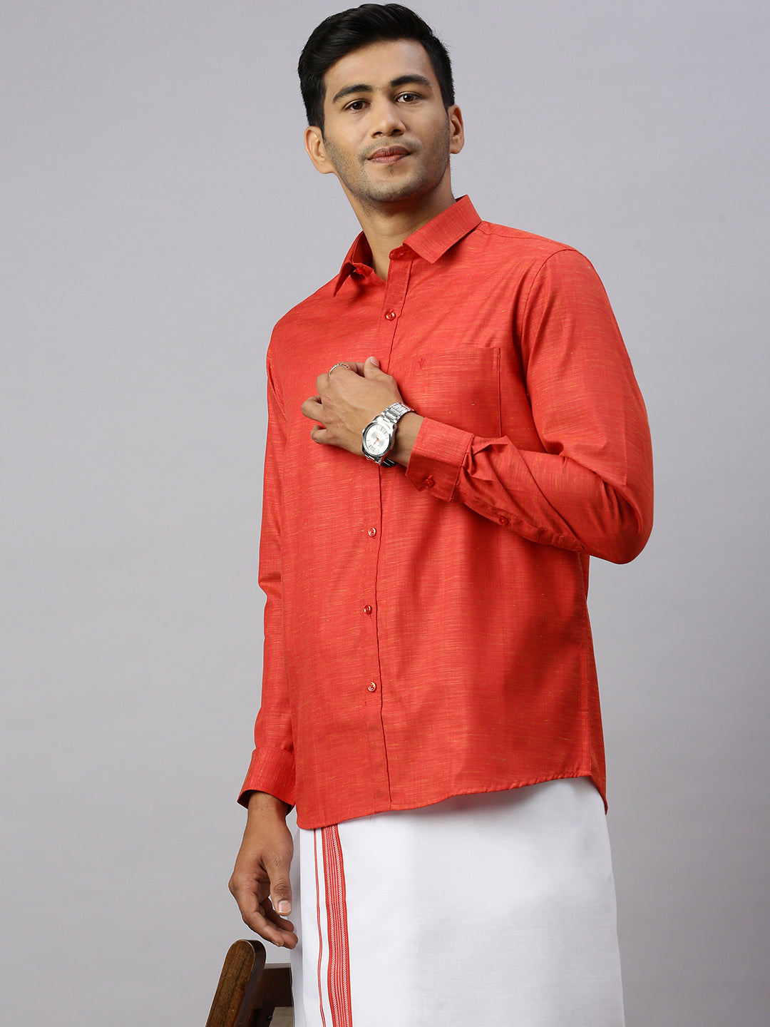 Men Rosewood Red Matching Border Dhoti & Full Sleeves Shirt Set CV4