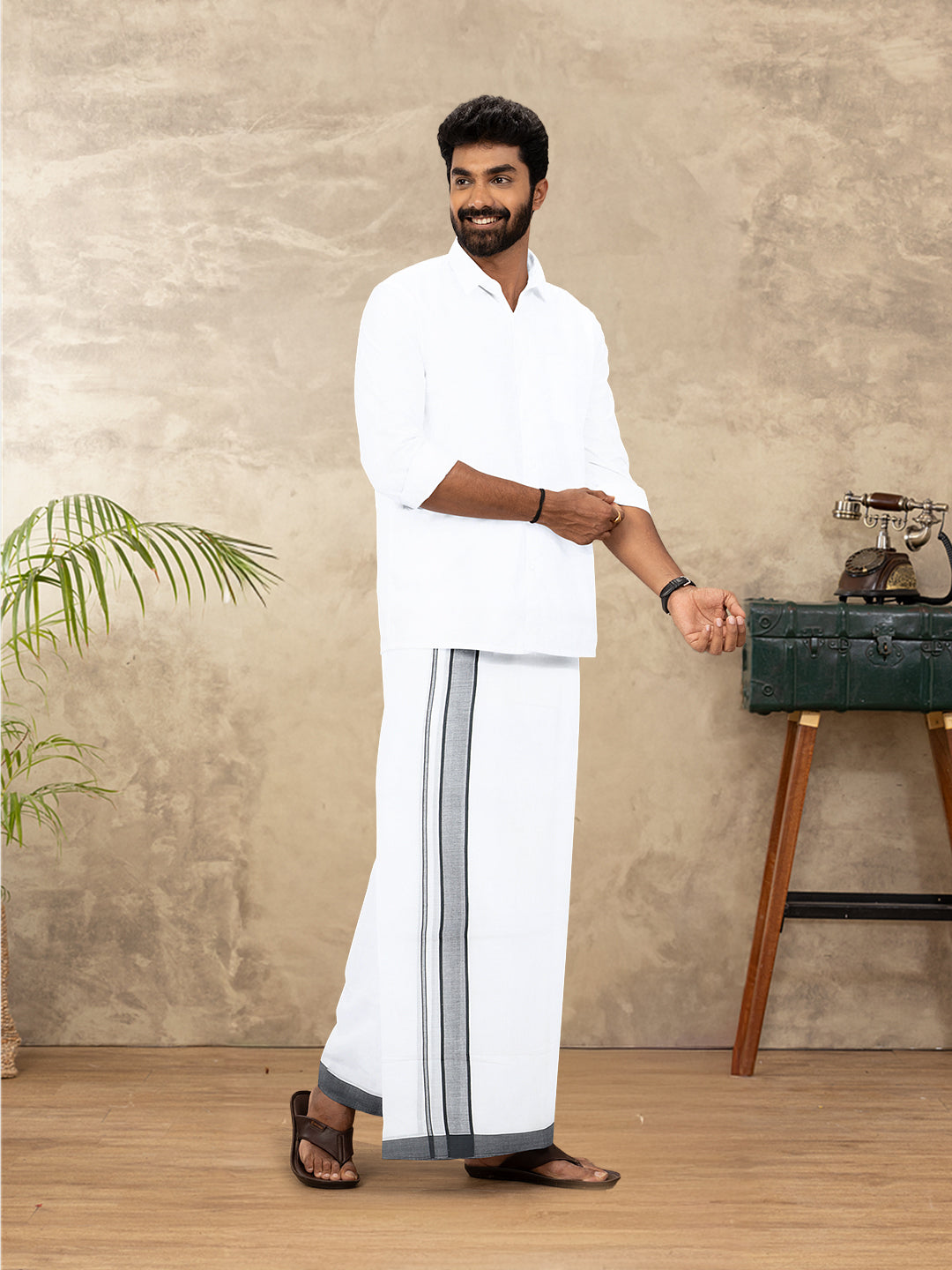 Men Cotton Blend Double Layer White Dhoti with Fancy Border Ricky Plain
