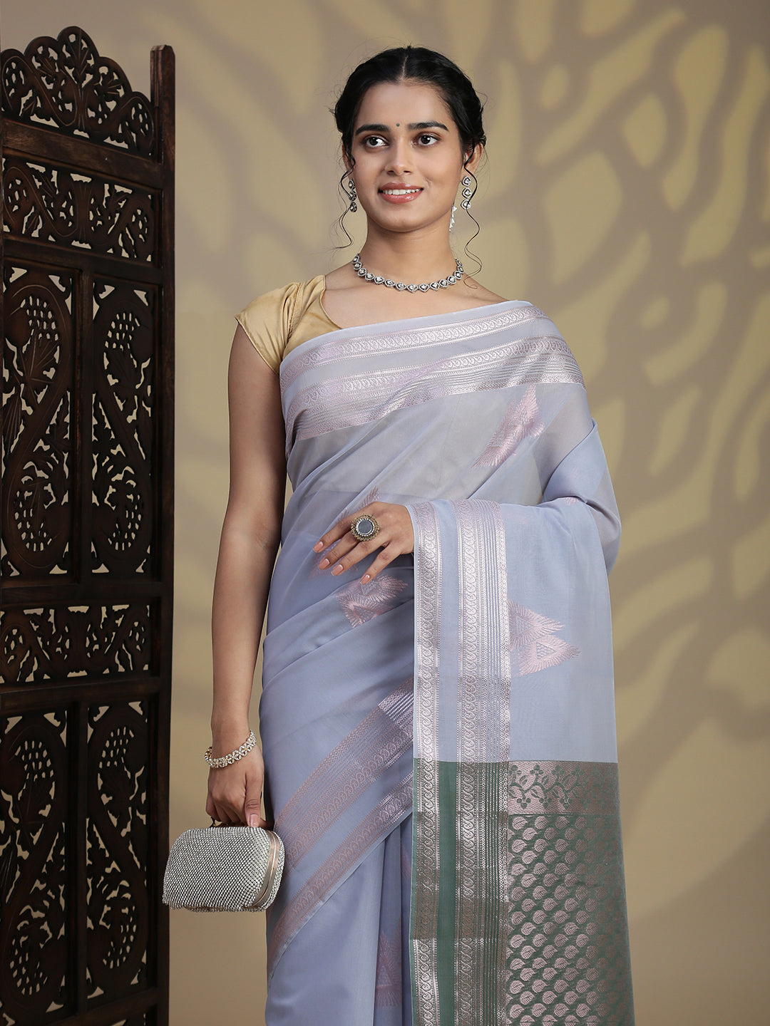 Women Light Blue Kora Cotton Fancy Saree SK103