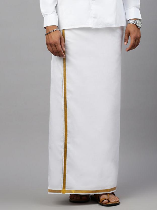 Men Cotton Blend Readymade Single Layer White Dhoti with Gold Jari Border