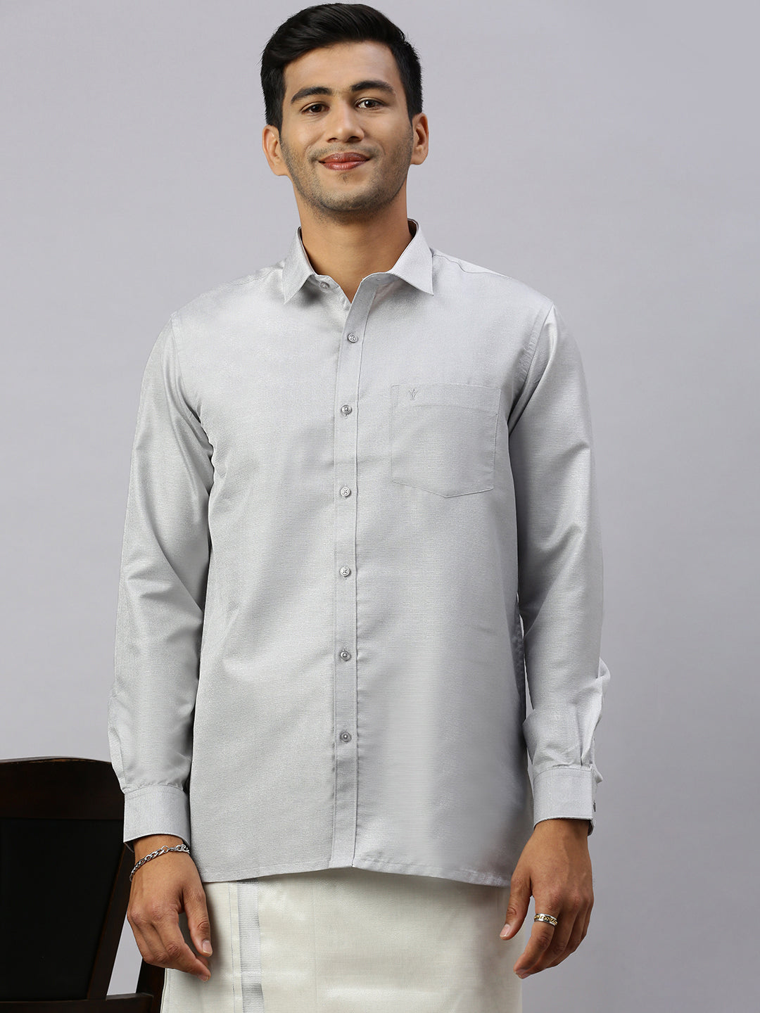 Men Cotton Rich Silver Shirt and Tissue Dhoti Set Glossy